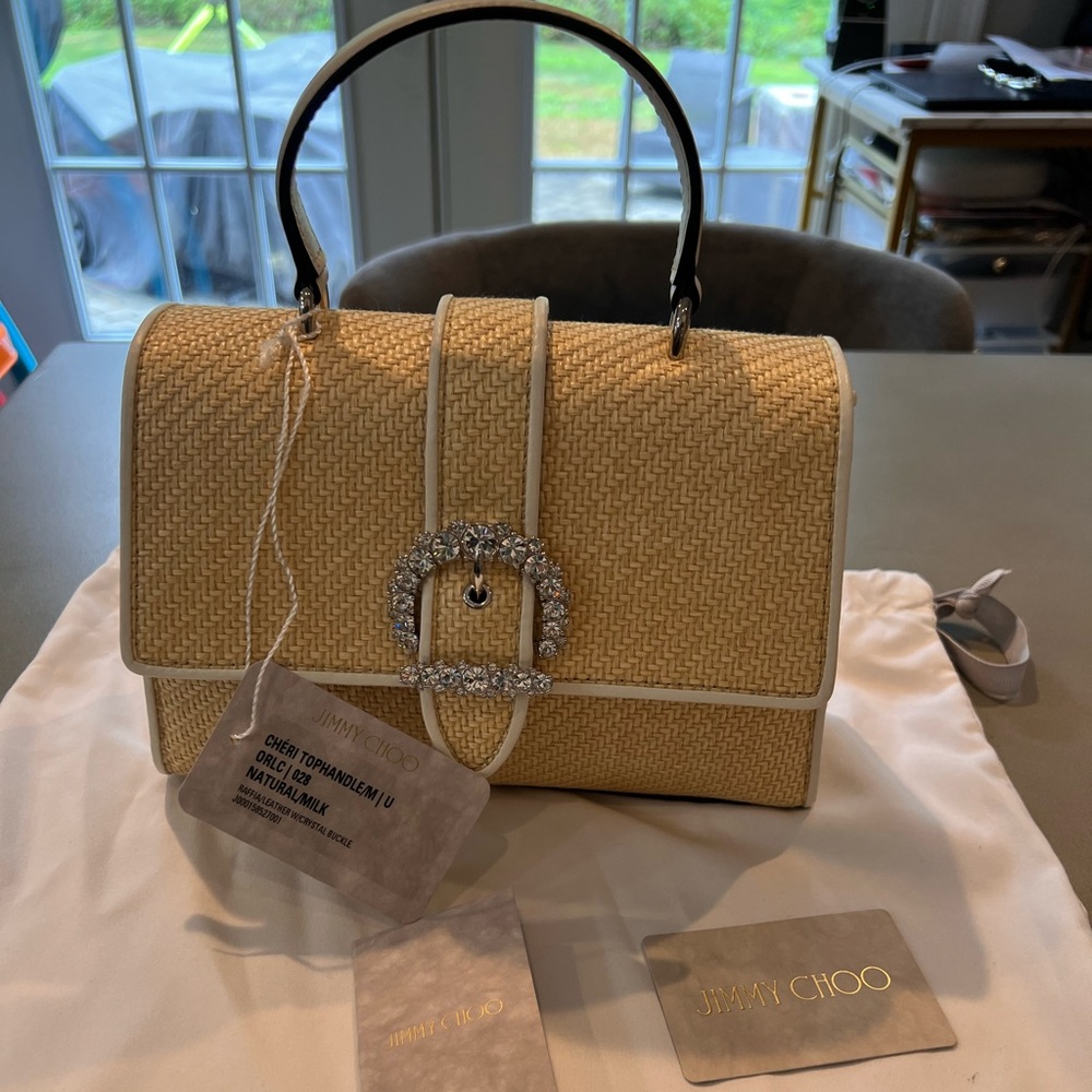 Brand New, Jimmy Choo Chari top handle with strap. Raffia bag